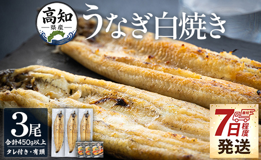 うなぎ白焼き 高知県産うなぎの白焼き 150～180ｇ×3尾 - エコ包装 国産 うなぎ 白焼き 鰻 冷凍 高知 yw-0115