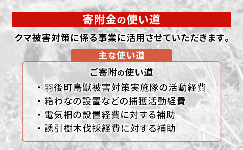 【返礼品なし】クマ被害対策支援（秋田県羽後町）3,000円 応援 支援 寄附のみ【羽後町ふるさと納税】