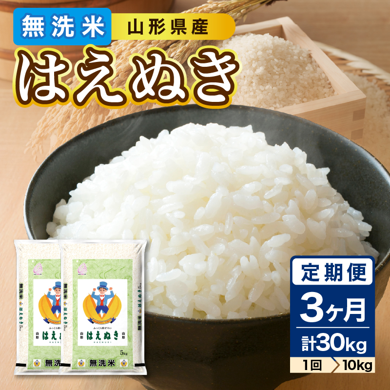 《3ヶ月定期便》【令和6年度産米】新米 山形県産 無洗米 はえぬき 10kg(5kg×2袋)×3ヶ月(計30kg)【山形県産 BG精米製法】【2024年度産米】