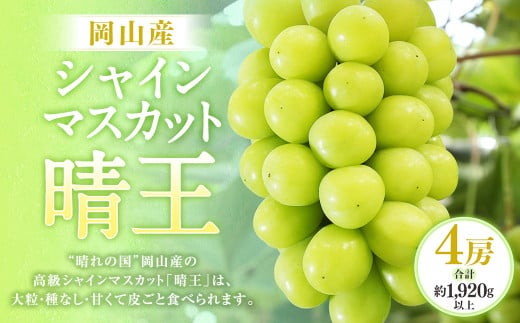 シャインマスカット 晴王 4房（1房480g以上・合計1.92kg以上）【2026年8月下旬～10月下旬迄発送予定】 マスカット 葡萄 ブドウ ぶどう フルーツ 果物 国産 岡山県産