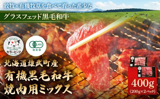 
                  北海道雄武町産 有機黒毛和牛 焼肉用ミックス 400g（200gｘ2P） | 牛肉 和牛 有機牛 オーガニック グラスフェッド カラービーフ バーベキュー BBQ 赤身 肉 旨み 牧草 放牧 安心 安全 脂肪控えめ あっさり お取り寄せ 北海道 雄武町 雄武【0112601】
                