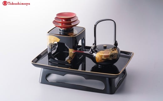 輪島塗〈塩安漆器工房〉大端 楽寛 屠蘇器  黒呂色「四君子扇面」［髙島屋選定品］