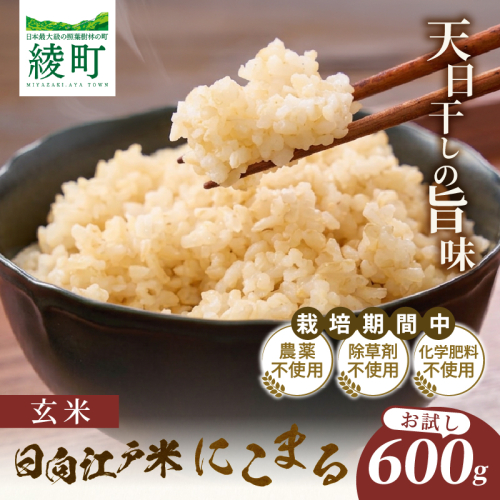 天日干し仕上げの日向江戸米（にこまる）お試し パック 計600g【玄米】国産米 ブランド米 農薬不使用 化学肥料不使用 無農薬 ごはん ご飯 おにぎり お弁当 使い切りタイプ 和食 主食 人気 おすすめ 宮崎県 綾町 送料無料_A0038-019