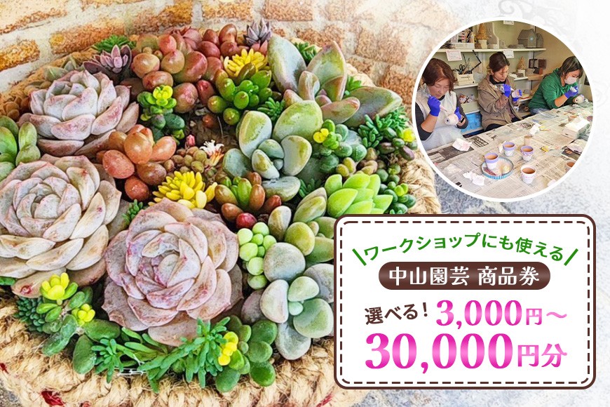 
                  中山園芸 商品券 選べる 3,000円 5,000円 10,000円 15,000円 30,000円 ワークショップ 植物 園芸 関連商品 初心者 お子様 大人 歓迎 モルタルデコ 多肉植物 寄せ植え ギフト プレゼント 茨城県 那珂市 A07-022-SKU
                