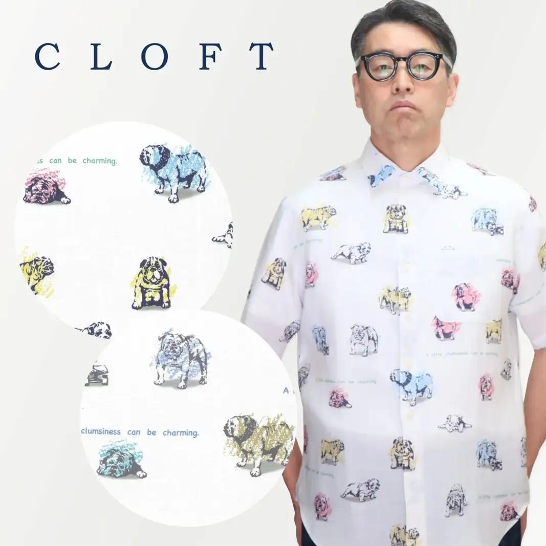 CLOFT 麻100％半袖プリントシャツ”ブルドック柄”犬柄（C/＃29ホワイト×ネイビー） L 0139-024-S07-5