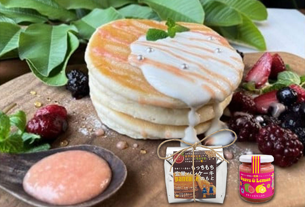 
                  【3回定期便】有機グアバ農園のもっちもち玄米パンケーキのもと200g×2袋と完熟フルーツソース1個セット | 定期便 げんまい 玄米 粉 米粉 素 パン ケーキ ぱん ミックス粉 フルーツ ソース ジャム グアバ グァバ れもん レモン グルテンフリー お菓子 おかし 高知県 南国市
                