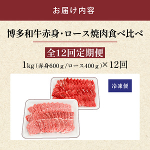 博多和牛赤身・ロース焼肉食べ比べ　計1kg　12回定期便_博多和牛 赤身 ロース 焼肉 食べ比べ 12回 定期便 黒毛和牛 国産 九州産 福岡県産 国産牛 ブランド牛 牛肉 和牛 肉 お肉 溢れる 旨