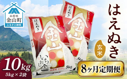 
令和6年産《定期便》 金山産米 はえぬき【玄米】（5kg×2袋）×8ヶ月計80kg 定期便 8ヶ月 米 お米 ご飯 玄米 ブランド米 送料無料 東北 山形 金山町 F4B-0529
