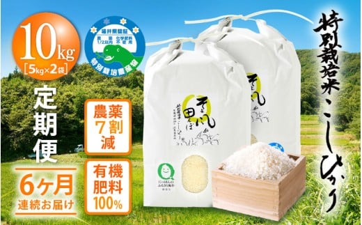 令和7年産 米 定期便 ≪6ヶ月連続お届け≫ 特別栽培米 コシヒカリ 10kg × 6回 福井県産米（有機肥料100% 農薬7割減）【人気品種 こしひかり 計60キロ】 [e10-m001]