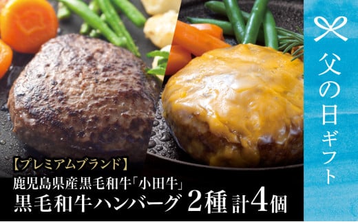 【父の日ギフト】プレミアムブランド 鹿児島県産黒毛和牛「小田牛」 牛肉100％ 2種類のハンバーグステーキ 計4個（120g×各2個）チーズハンバーグ 牛肉 総菜 おかず レトルト 黒毛和牛 小田畜産 冷凍 南さつま市 贈り物 ギフト 贈答用