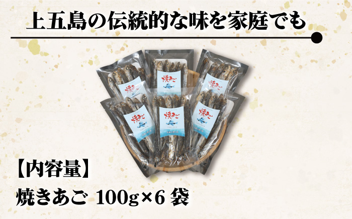 【上五島の伝統的な味をご家庭で】 五島列島産 厳選 焼きあご 100g×6袋【新魚目町漁業協同組合】 [RBC002]