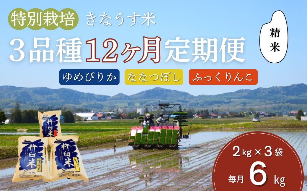 
                  【精米12ヶ月定期便食べ比べセット】特別栽培「きなうす米」 毎月3品種×2kg計6kg　Q001
                