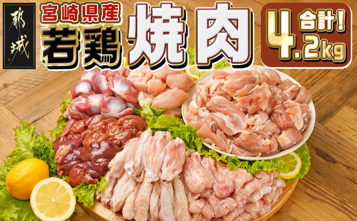 
                  宮崎県産若鶏焼肉4.2kgセット〔M6-018〕_(都城市) 宮崎県産 若鶏 鶏肉 もも 砂肝 肝 手羽中 肩肉 せせり 唐揚げ チキン南蛮 カレー 焼き物
                