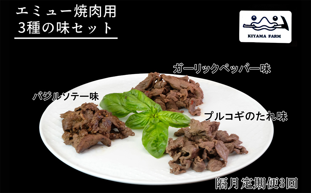 【隔月3回】エミュー焼肉用3種の味セット【エミュー 基山産 高タンパク 高鉄分 低カロリー ヘルシー ジビエ 貴重肉 鉄分補給】C7-J006306