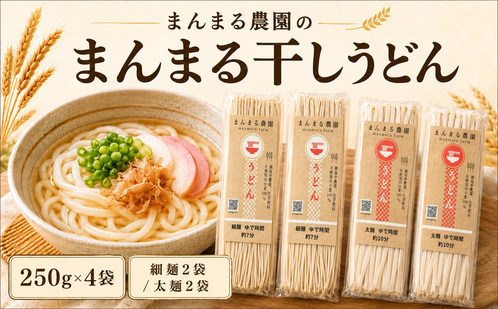 
                  うどん 乾麺 まんまる干しうどん 250g 細麺 太麺 各2袋 | 麺類 ざるうどん かけうどん 真岡市産 小麦 使用 熟成 こし 栃木県 真岡市 送料無料
                