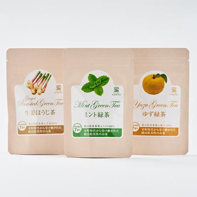 ふるさと納税 美作市 岡山県美作市産 【緑茶】生姜ほうじ茶・ゆず緑茶・ミント緑茶セット　各1個(各2g×7個入り) |  | 01