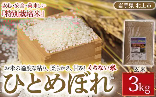 【 令和7年産 新米 10月中旬発送開始予定 】くちない米（ 特別栽培米 ひとめぼれ 玄米 ）3kg 岩手県 北上市 C0573 国産 東北 岩手 米 お米 ご飯 こめ 産直 2025年 R7年 あぐり夢くちない