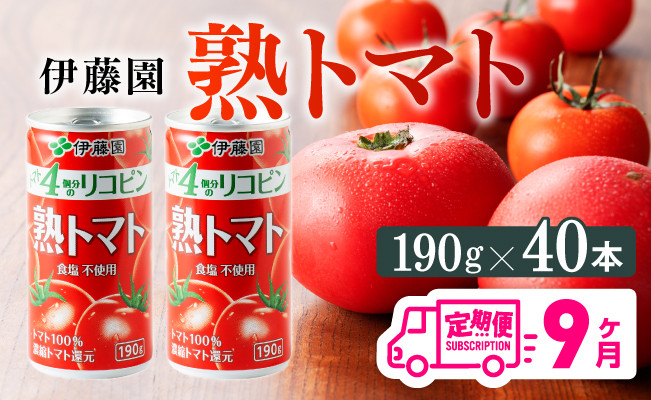 
            【9ヶ月定期便】伊藤園 熟トマト 190ｇ×40本【定期便 全9回 野菜飲料 野菜ジュース 野菜汁 トマトジュース ジュース 飲料 ソフトドリンク 完熟トマト】
          