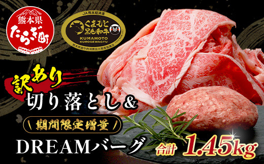 
            《R7.5・6・7・8・9月発送 限定 増量 》くまもと黒毛和牛 切り落とし 1kg + DREAMバーグ 150g×3個 【合計1450g】 切り落とし 1キロ + 牛肉 100％ 国産 生 ハンバーグ  ブランド牛 上質 和牛 霜降り お得 限定品 惣菜 冷凍 熊本県 113-0530
          