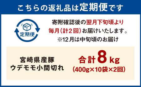 【2ヶ月定期便】＜宮崎県産豚 ウデモモ 小間切れ 400g×10袋（10袋×2回）＞お申込みの翌月下旬頃に第一回目発送（12月は中旬頃）【c1377_mc_x4】 豚肉 お肉 肉 新生活応援 卒業祝い