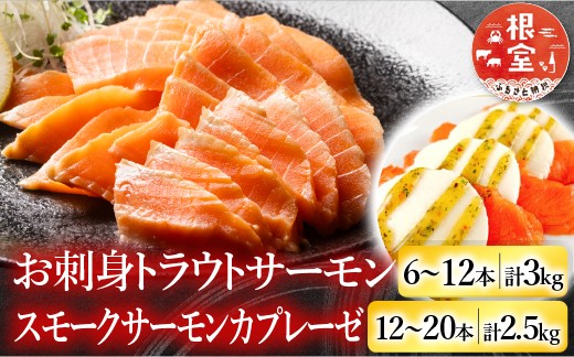 
            E-09006 お刺身トラウトサーモン6～12本(計3kg)＆スモークサーモンカプレーゼ12～20P(計2.5kg)
          