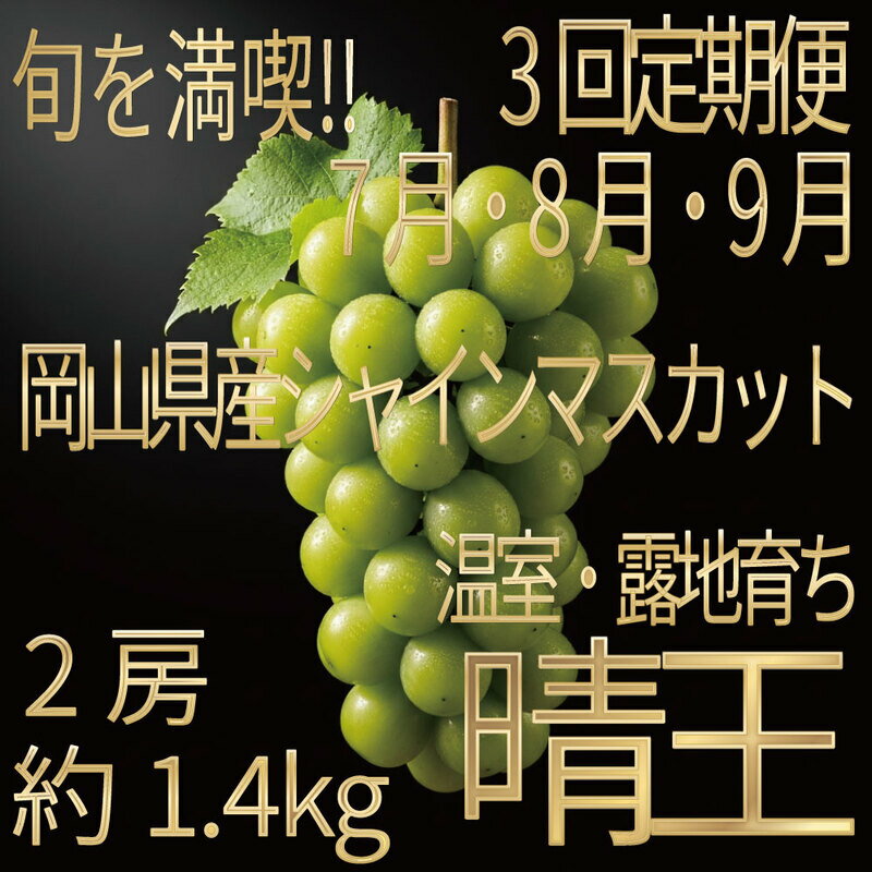 【ふるさと納税】[HS]【定期便全3回】ぶどう先行予約7月・8月・9月発送温室シャインマスカット晴王2房（合計約1.4kg）ブドウ 葡萄 岡山県産 国産 フルーツ 果物 ギフト デザート 食後 酸味が少ない 産地直送　お届け：2026年7月1日～2026年9月30日