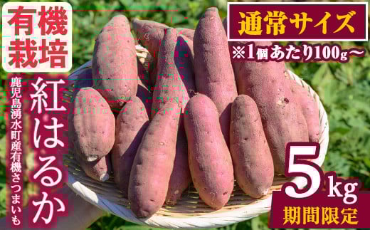 y329-C ≪通常サイズ(1個あたり100g~)≫湧水町産有機さつまいも「紅はるか」(計5kg) 国産 九州産 鹿児島産 有機栽培 サツマイモ 生芋 芋 焼き芋 やきいも べにはるか 天ぷら おかず 野菜 おやつ スイーツ 旬 常温 常温保存【そのやま農園】
