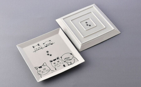 【波佐見焼】ネコづくし 大スクエアプレート ペア 2枚セット【福田陶器店】[PA349]