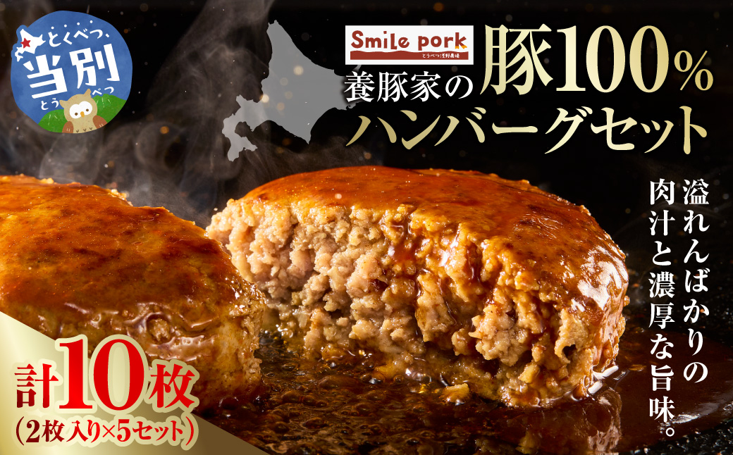 養豚家の豚100％ハンバーグセット 120g2枚入りパック×５セット計１０枚 豚肉 肉 厳選 国産 お取り寄せ グルメ おかず おすすめ スマイル ポーク 加工品 惣菜 簡単 冷凍 キャンプ BBQ_tb02-018