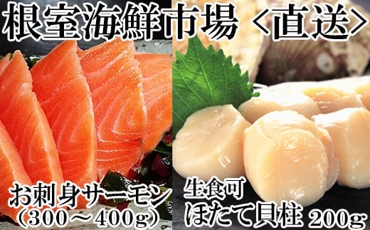 A-14221【年内配送可】  刺身用ほたて貝柱200g・刺身用トラウトサーモン(背)300～400g×1本