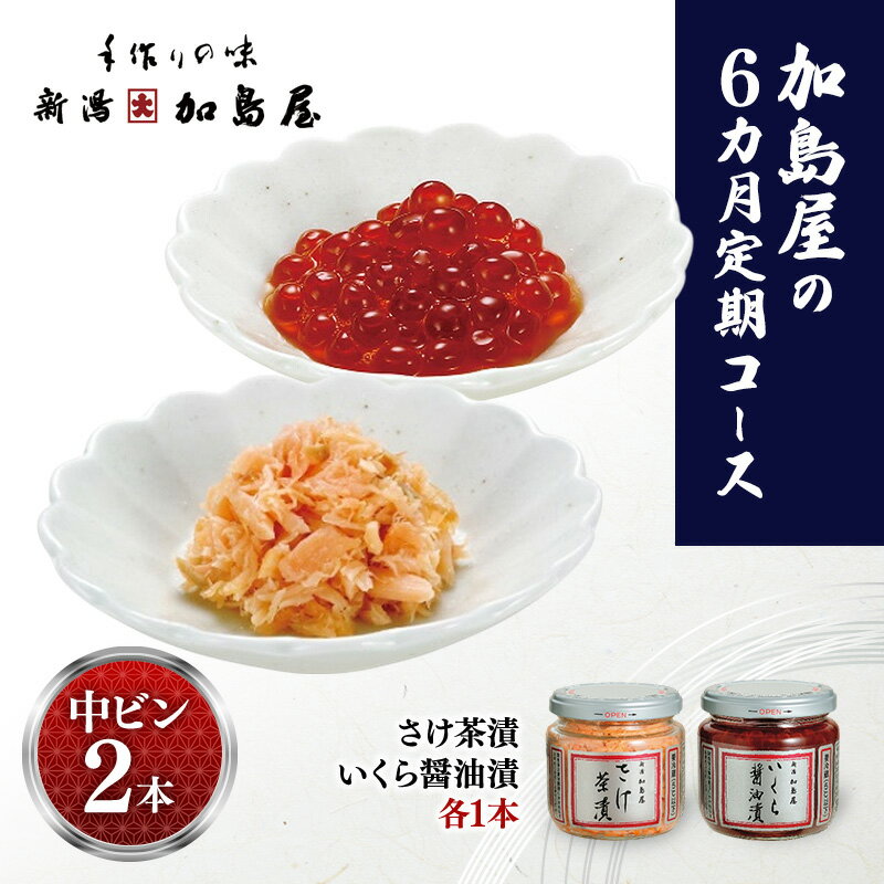 【ふるさと納税】加島屋の定期コース（6カ月）中ビン2本 (さけ茶漬・いくら醤油漬) 鮭 イクラ おつまみ お茶漬け ごはんのお供 フレーク 瓶詰 新潟市
