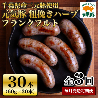 
＜毎月定期便＞元気豚 粗挽きハーブフランクフルト 30本セット 1.8kg(60g×30本)全3回【4055501】
