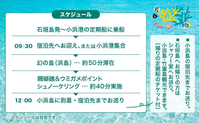 【石垣発】幻の島上陸＆海亀とシュノーケリング♪　無料『マーメイド体験、シャワー、お食事、小浜観光、片道船券付き』 竹富観光可【 旅行 体験チケット観光 大自然 体験ツアー 観光 沖縄 アクティビティ 