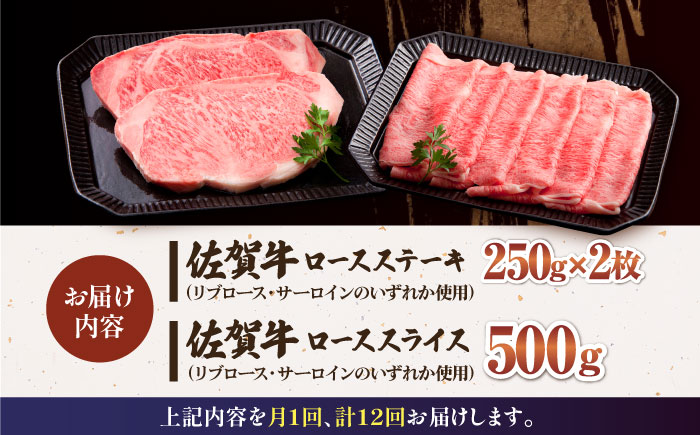【全12回定期便】佐賀牛 ロース ステーキ・スライス定期（ステーキ 250g×2・スライス 500g）【肉の三栄】 [HAA050]