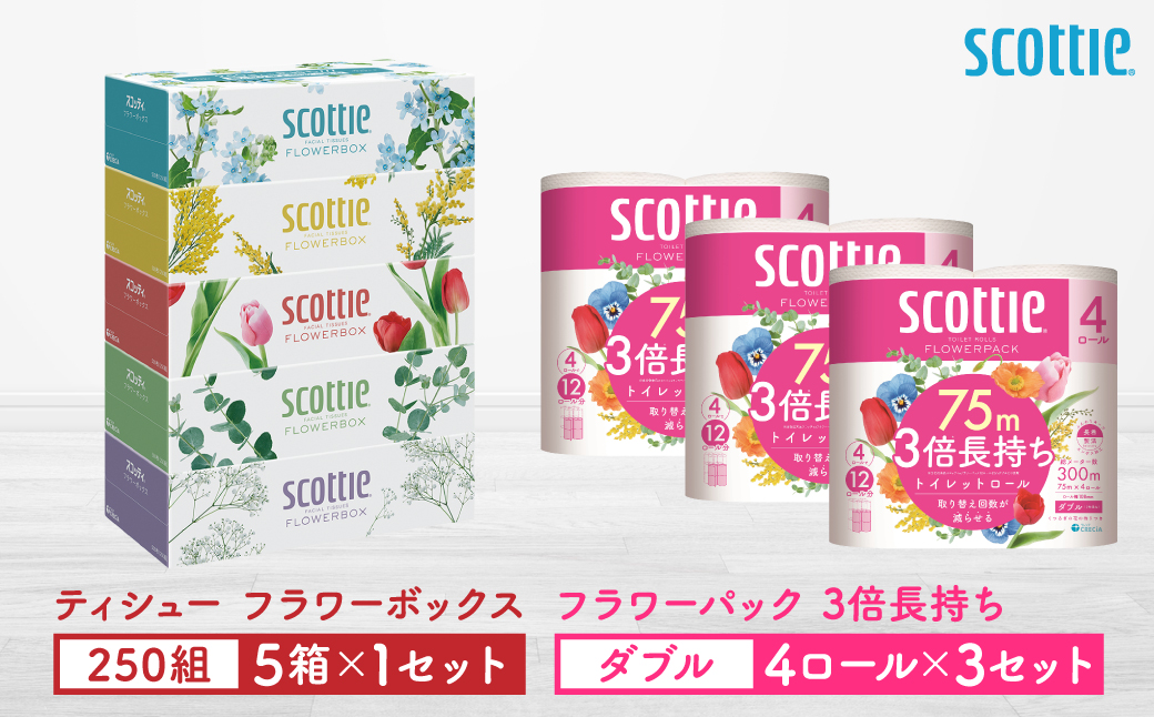 【スコッティ】ティシュー フラワーボックス 250組（5箱パック×1セット）＋フラワーパック 3倍長持ち（4ロール(ダブル)パックx3セット）ティッシュ トイレットペーパー 日用品