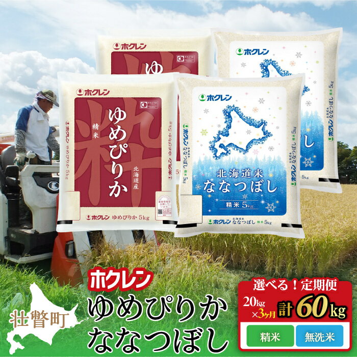 【ふるさと納税】【定期便】 令和7年産米 食べ比べセット(ゆめぴりか、ななつぼし) 選べる 精米 無洗米 20kg（3ヶ月連続お届け） 【 ふるさと納税 人気 おすすめ ランキング 米 こめ 白米 ご飯 ごはん 定期便 20kg 北海道 壮瞥町 送料無料 】 SBTD186