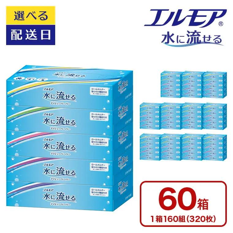 エルモア 水に流せるティシュー 60箱 5個×12パック ティッシュ ティッシュペーパー ボックスティッシュ 日用品 消耗品 備蓄 防災 愛媛県 四国中央市