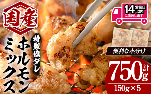 ＜14営業日以内発送！＞国産黒毛和牛ホルモンミックス 塩ダレ (計750g・150g×5) 【肉のちょーさん】A1058