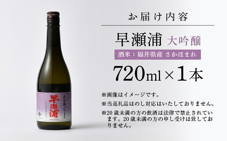 【早瀬浦】大吟醸 さかほまれ 720ml × 1本【入手困難 日本酒 地酒 福井 美浜 早瀬 フルーティ 男酒 硬水 ミネラル 希少 ご褒美 家飲み】[m16-a007]