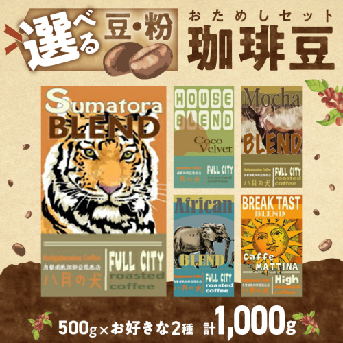 5種類から２つ選べる　 自家焙煎コーヒー豆　飲み比べセット　1000ｇ（500gx2種/約100杯分）挽き方が選べる　八月の犬 飲料 珈琲 こーひー コーヒー coffee