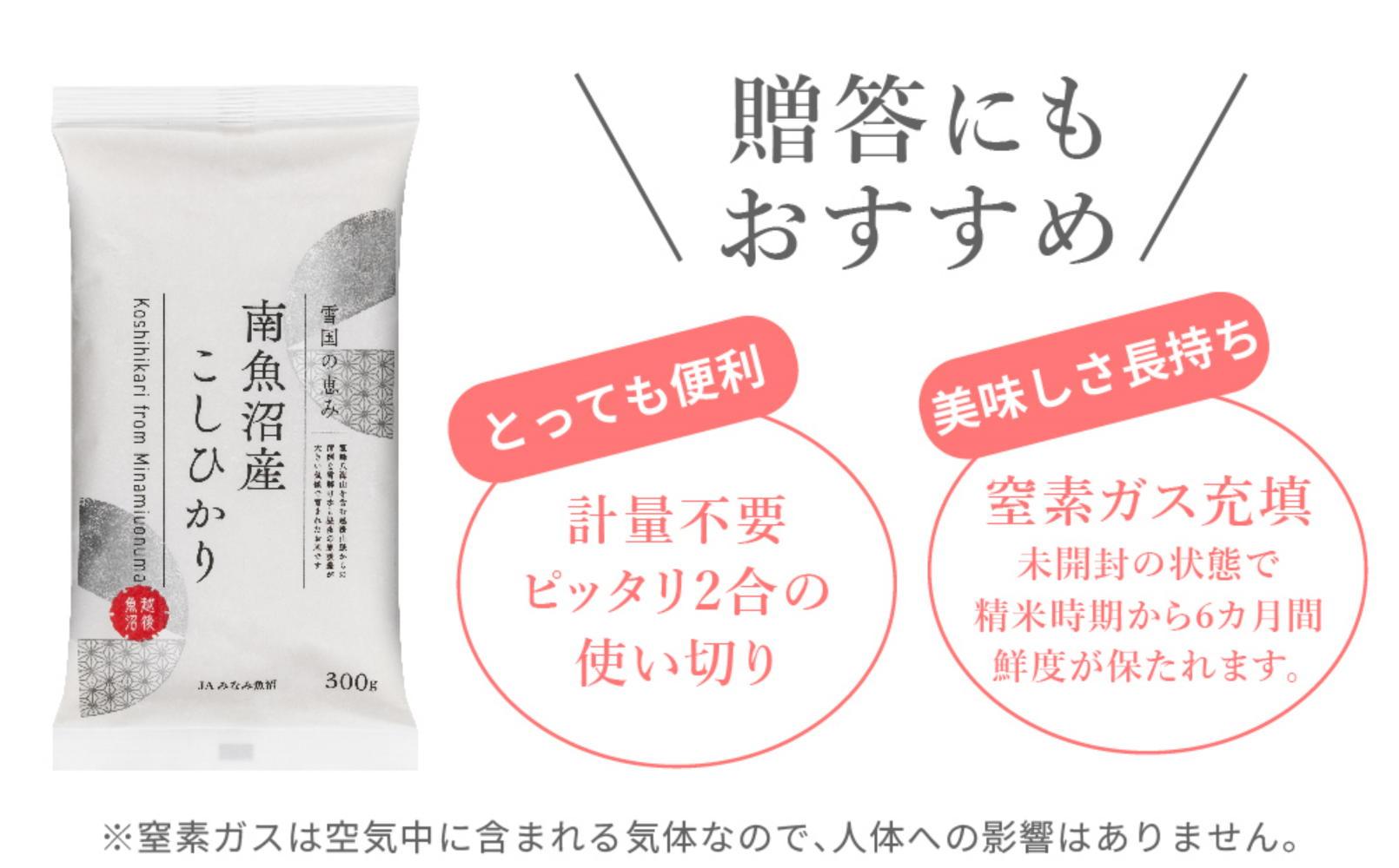 【JAみなみ魚沼定期便】南魚沼産こしひかり（窒素充填2合パック30袋入×全6回）美味しさ長持ち 300g 小袋 便利 精米HACCP認定工場 特A獲得日本一産地 高品質精米 もっちり甘い 南魚沼産コシ