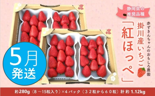 ６３９３　②5月からの発送 いちご 掛川産 紅ほっぺ 約280g×4パック 計1.12ｋｇ ①4月 ②5月  の中からお選び下さい 赤ずきんちゃんのおもしろ農園 