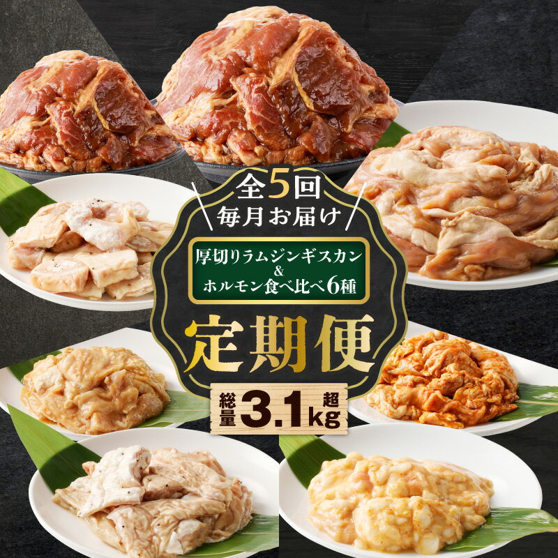 【ふるさと納税】全5回 定期便 厚切りラムジンギスカン ホルモン 食べ比べ 6種 セット 3.1kg超 焼肉 焼き肉 肉 牛 豚 羊 ラム 味付き 大腸 シマ腸 丸腸 マルチョウ 厚切り 冷凍 大容量 ボリューム 定期 北海道 樽前工房 苫小牧市 おすすめ ランキング プレゼント ギフト