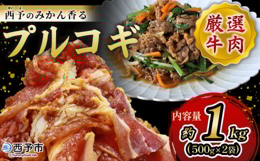 ＜西予のみかん香るプルコギ 合計 約1kg（500g×2）＞ みかん風味 韓国 牛肉 お肉 味付け 焼肉 タレ漬け タレ レシピ プルコギ丼 献立 アレンジ 味付け 子供 惣菜 おかず グルメ 愛媛県 西予市【冷凍】