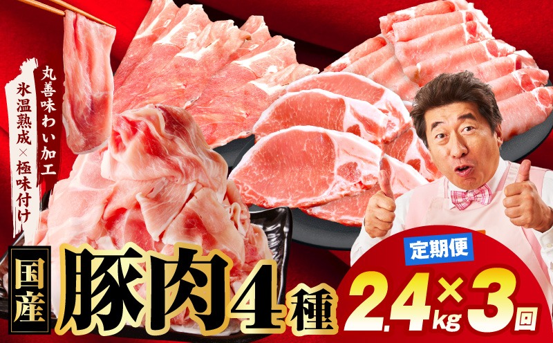 mrzZ024 国産豚肉 4種 定期便 2.4kg×3回【氷温熟成×極味付け 小分け 300gパック ぶたにく 普段使い 野菜炒め 切り落とし 毎月配送コース】