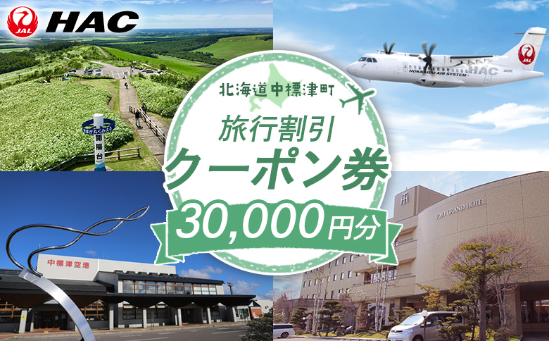 旅行割引 クーポン券 30,000円分 寄付額 100,000円 オンライン 申請 ふるさと納税 北海道 中標津 旅行 旅行券 旅行クーポン 割引 航空券 宿泊券 レンタカー タクシー ハートフルツアー 東北海道トラベル 中標津町【64003】