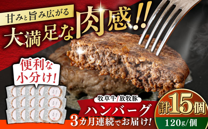 【全3回定期便】【牧草牛×放牧豚】ハンバーグ 15個 《厚真町》【GOODGOOD株式会社】 ハンバーグ 牛肉 豚肉 小分け 冷凍配送 北海道 [AXBP043]