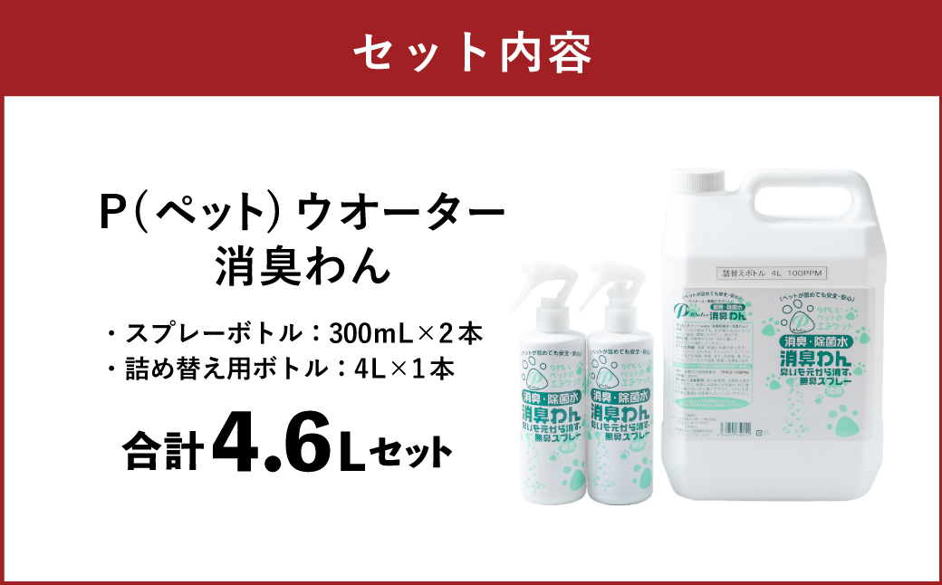 P（ペット）ウオーター消臭わん スプレーボトル （300ml）×2本・詰め替え用ボトル4L 合計4.6Lセット  次亜塩素酸水 ペット用 ペット 除菌 消臭 スプレー 感染対策