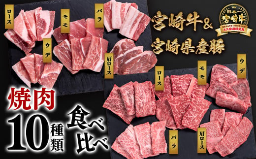 宮崎牛＆宮崎県産豚肉 焼肉10種盛り 食べ比べセット計600g 宮崎牛4等級以上 国産牛 豚肉  ブランド牛 ミヤチク 内閣総理大臣賞4連覇＜47-3b＞●