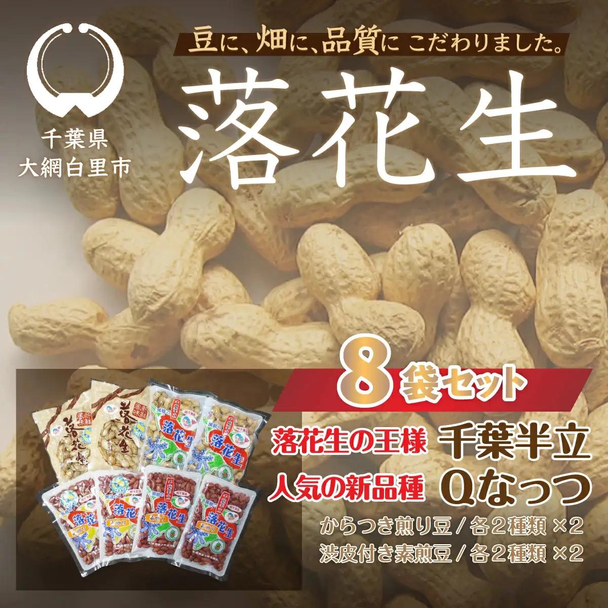 千葉県 大網白里市産 落花生千葉半立、Qナッツ8袋セット